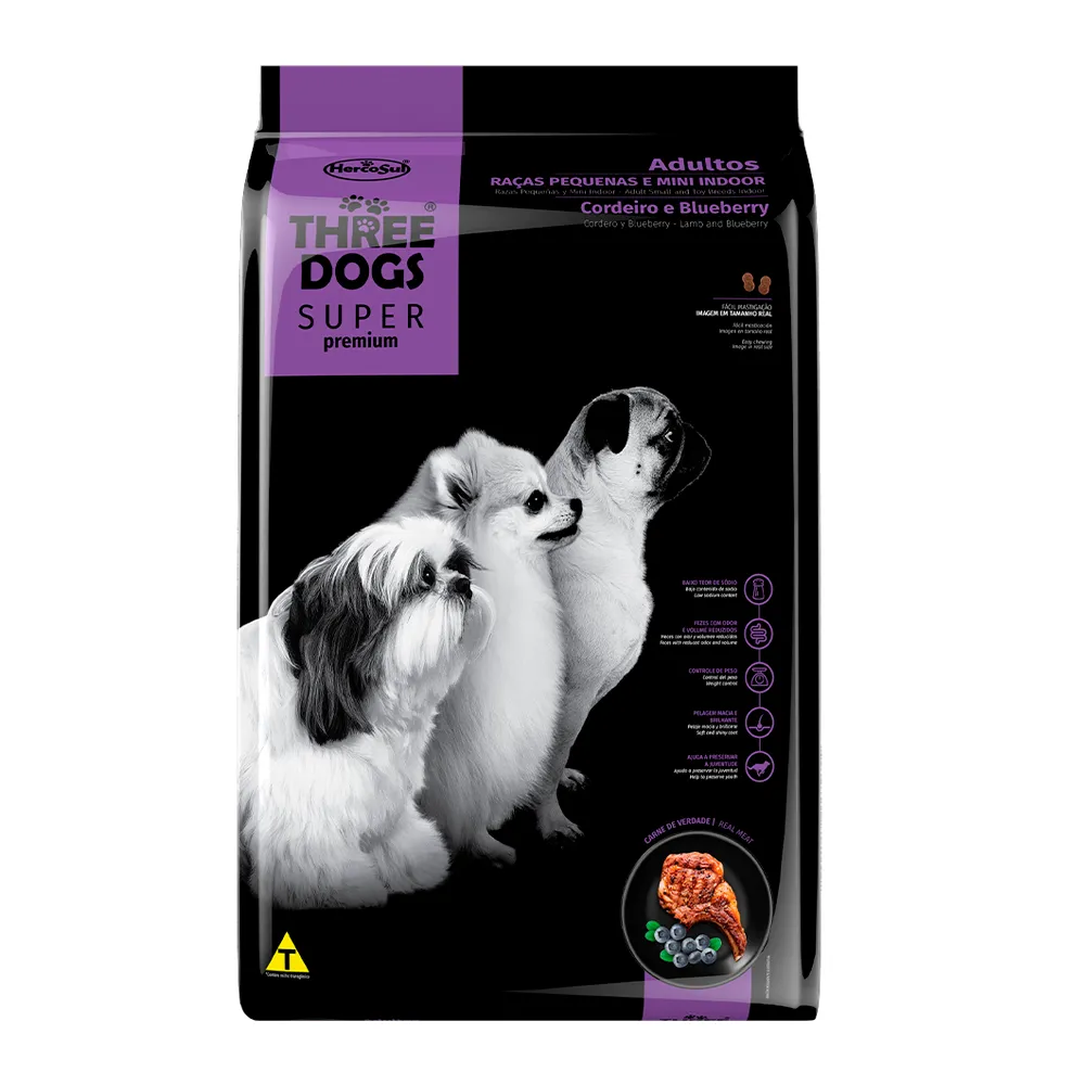 Ração Three Dogs Super Premium Cordeiro e Blueberry Cães Adultos Raças Pequenas e Mini Indoor 10kg