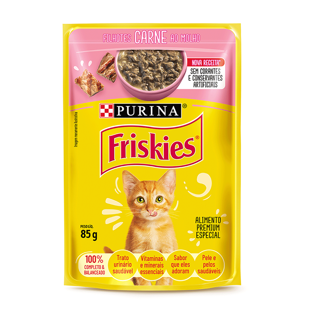 Ração Úmida Friskies Gatos Filhotes Carne ao molho Sachê 85g