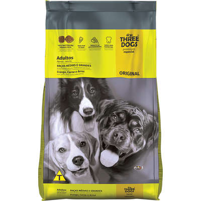 Ração Three Dogs Original Adulto Raças Médias e Grandes Frango, Carne e Arroz 20kg