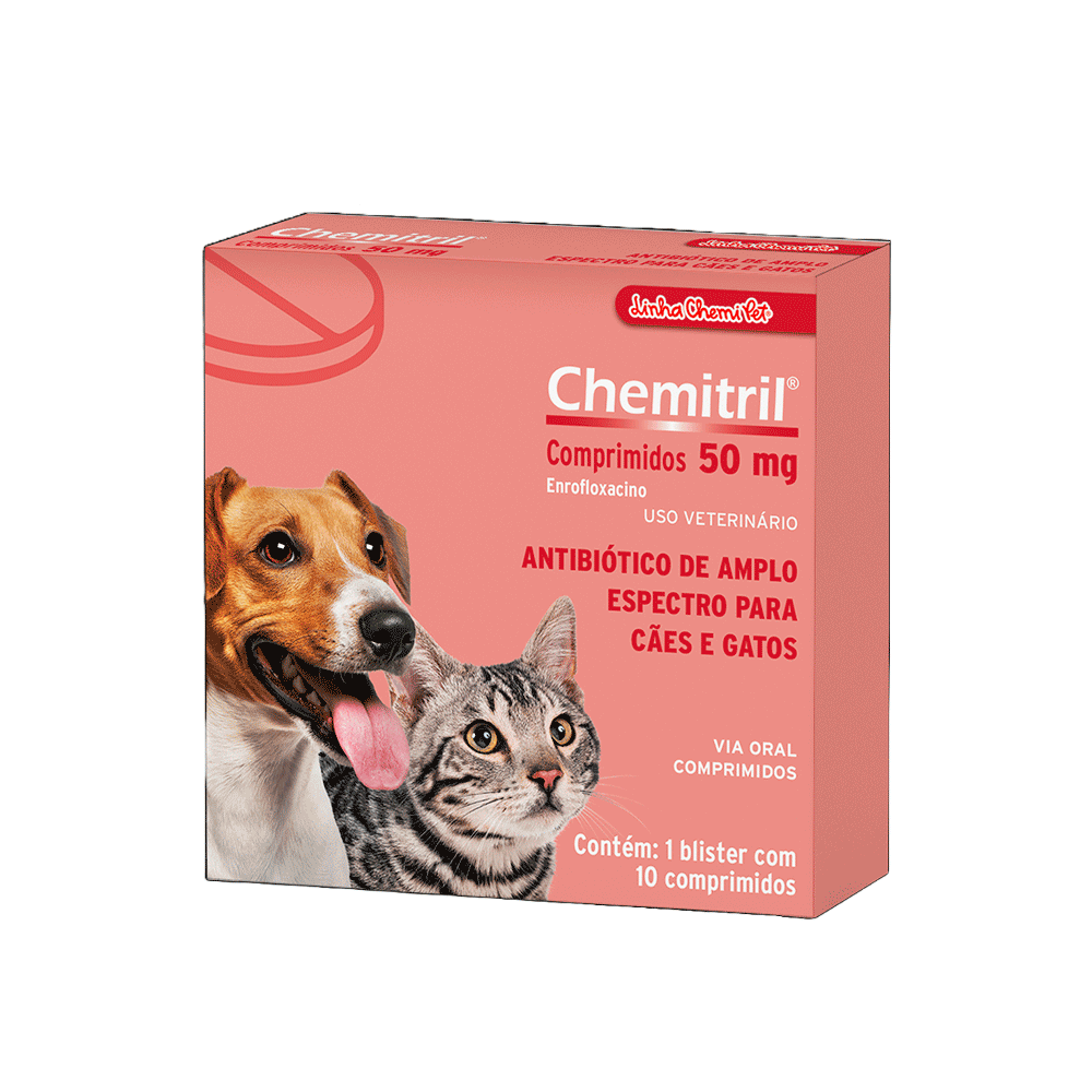 Antibiótico Chemitril 50mg para Cães e Gatos Chemitec 10 comprimidos