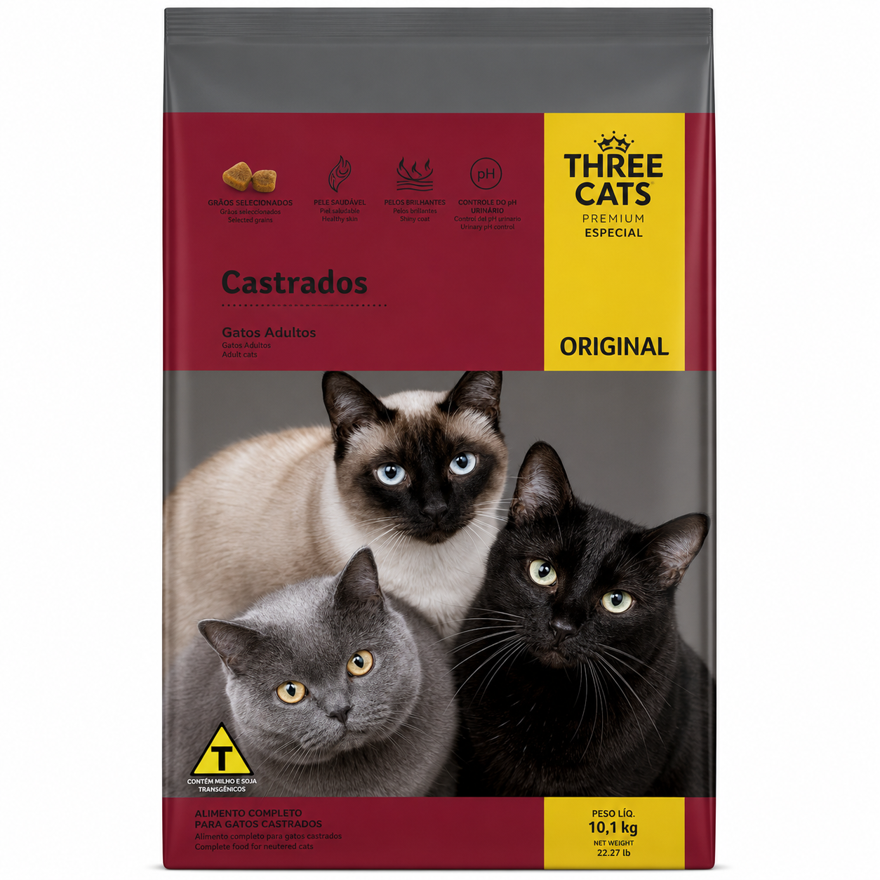 Ração Three Cats Gatos Castrados sabor Carne 10,1kg