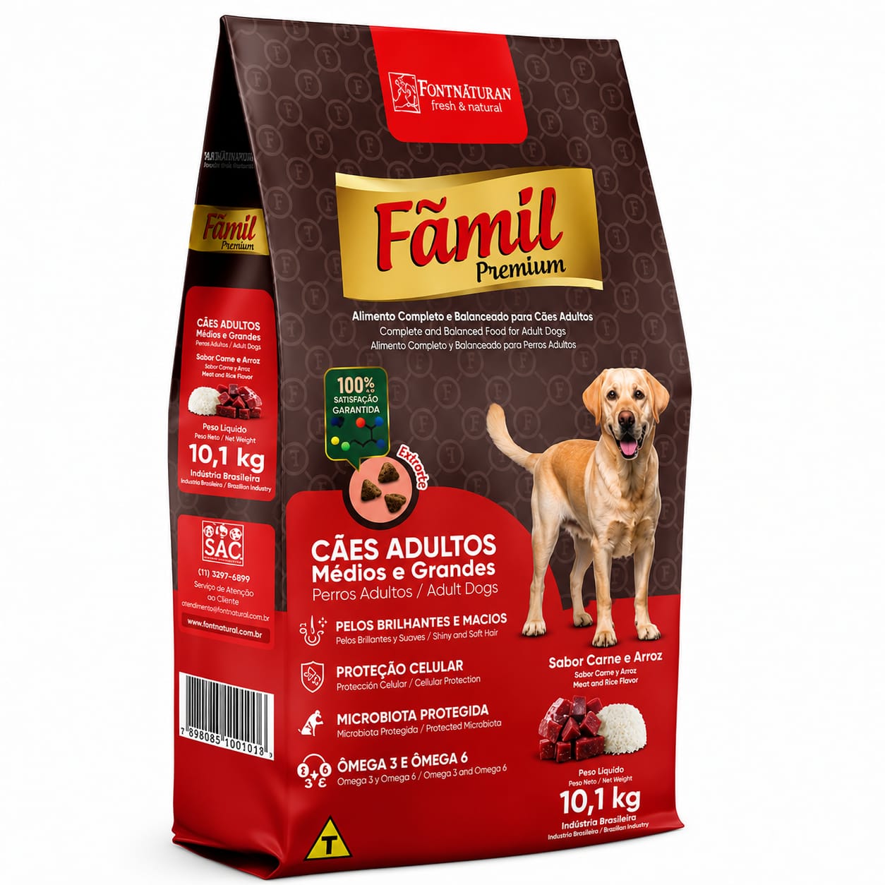 Ração Fãmil Premium Cães Adultos Carne e Arroz 10,1kg