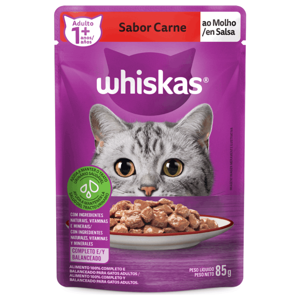 Ração Úmida Whiskas Sachê Carne ao Molho Gatos Adultos 85g