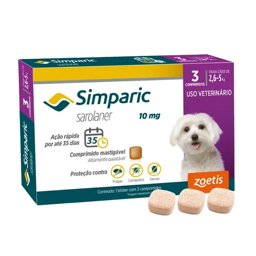 Antipulgas Simparic 10mg para Cães 2,6 a 5kg 3 comprimidos