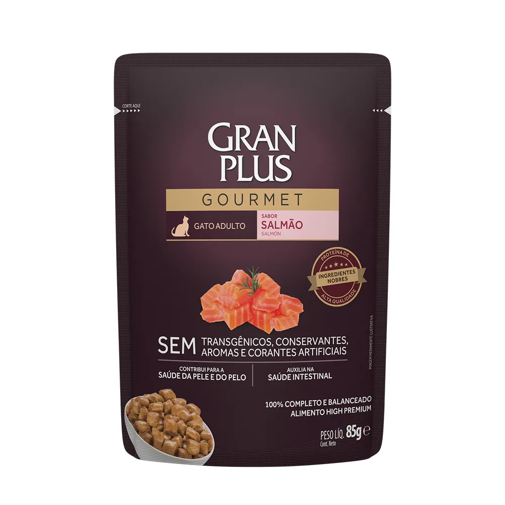 Ração Úmida Gran Plus Gourmet Gatos Adultos Salmão Sachê 85 g